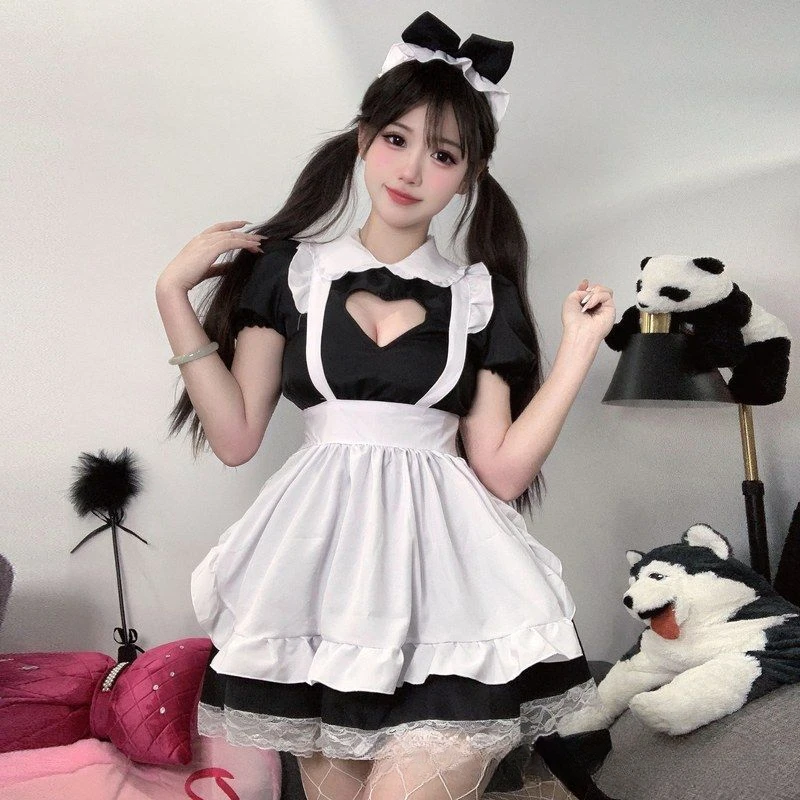 纯欲爱心连衣裙黑白性感镂空睡衣显瘦jk动漫学生少女甜美女佣日系