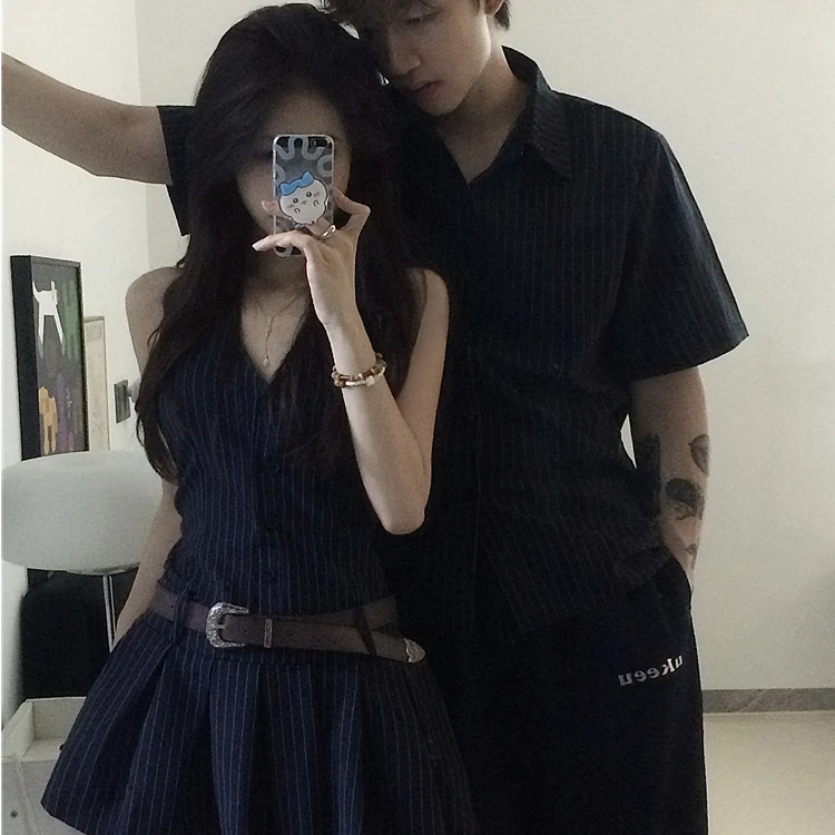 情侣装夏季辣妹风设计感宽松黑色连衣裙短袖条纹衬衫一裙一衣