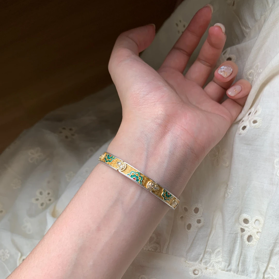 足银珐琅手镯 燕归yangui “ 双鱼宝象花 ”吉言宝相花999.9手镯