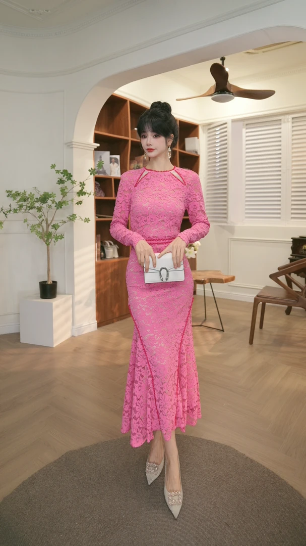 【JANE·简】2024秋装新款女装轻熟风气质V领收腰连衣裙50566