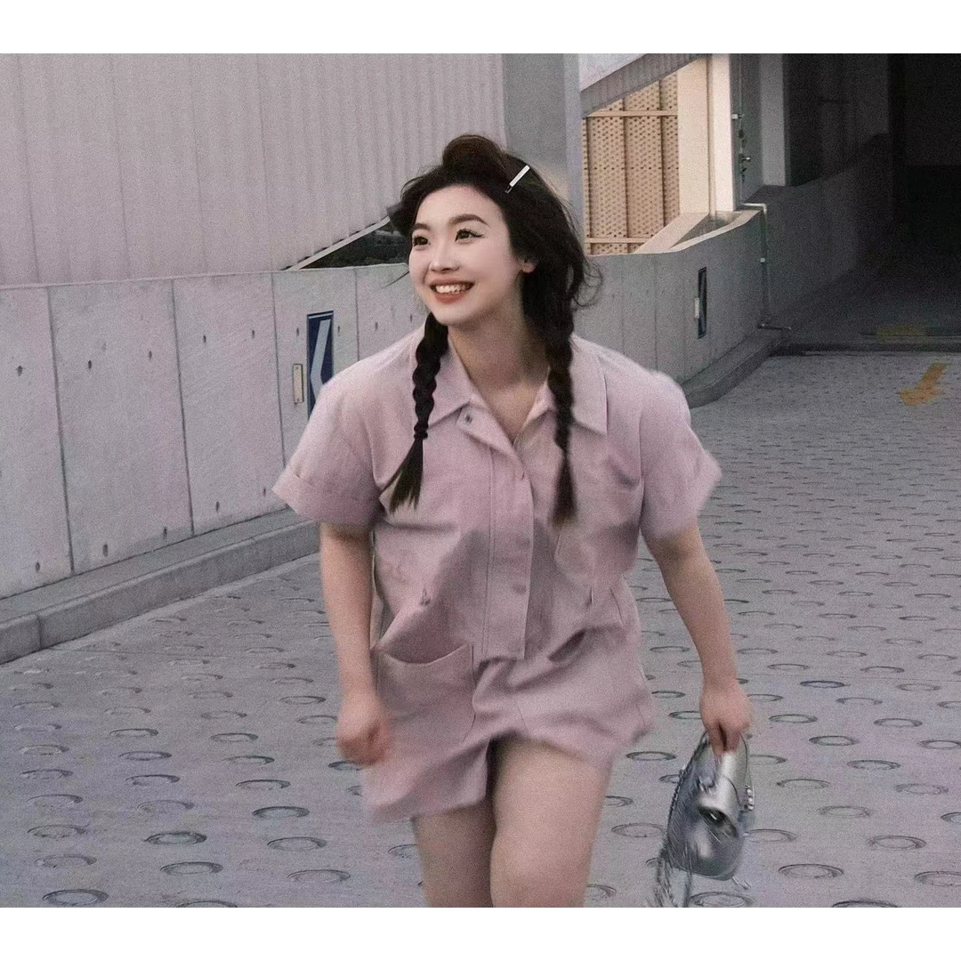 晶咕【捕梦少女】腰部猪鼻扣可调节纯色大口袋工装风连体短裤