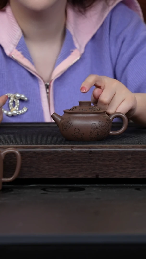 【闪购商品】紫砂茶壶梨皮紫泥刻绘巨轮珠