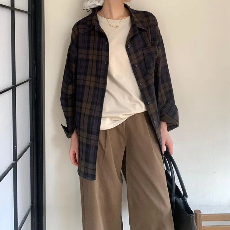 宝丫轻奢  T女式韩系复古简约格纹翻领长袖衬衫K3895