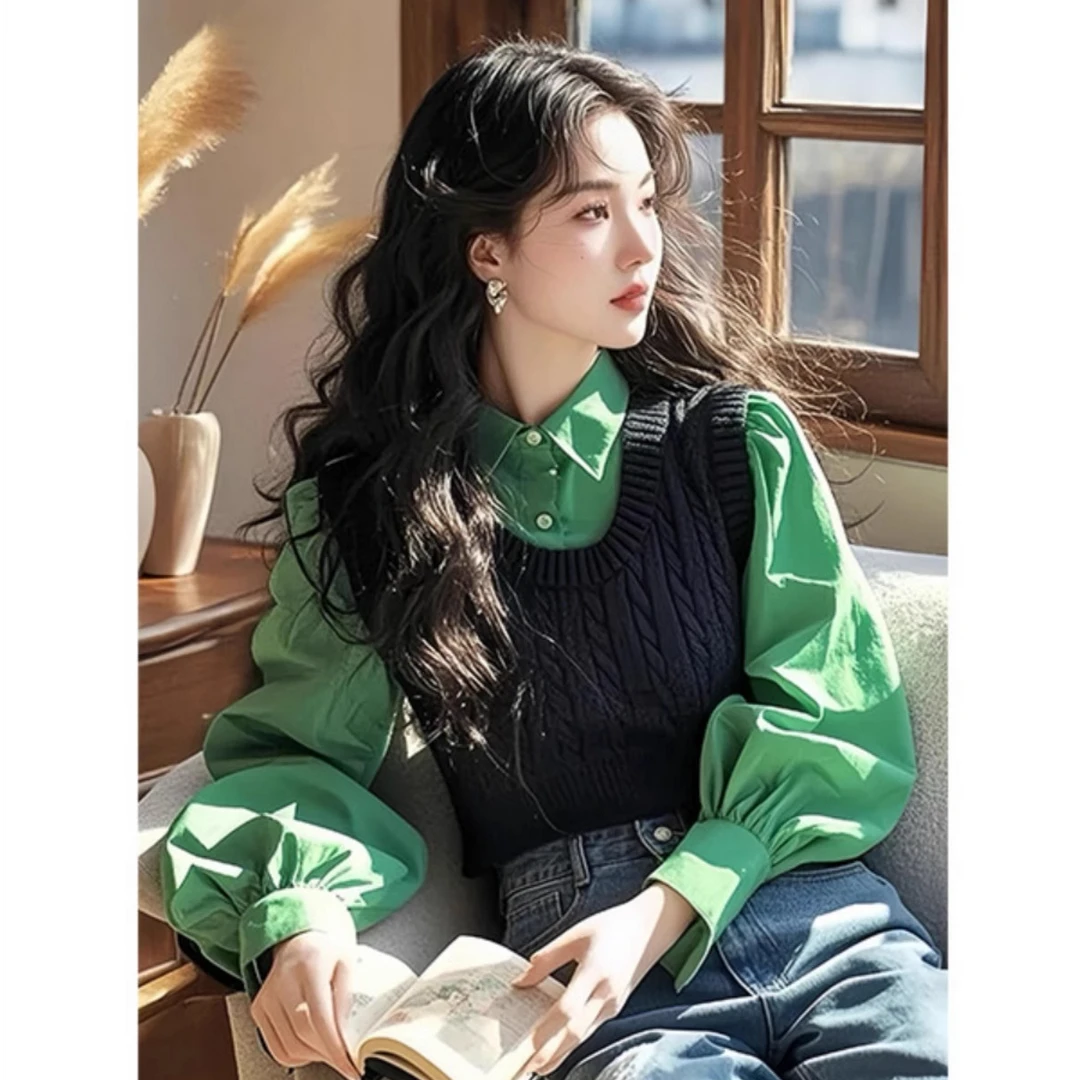 韩版时尚气质休闲宽松绿色衬衫女装2025春秋新款针织背心两件套装