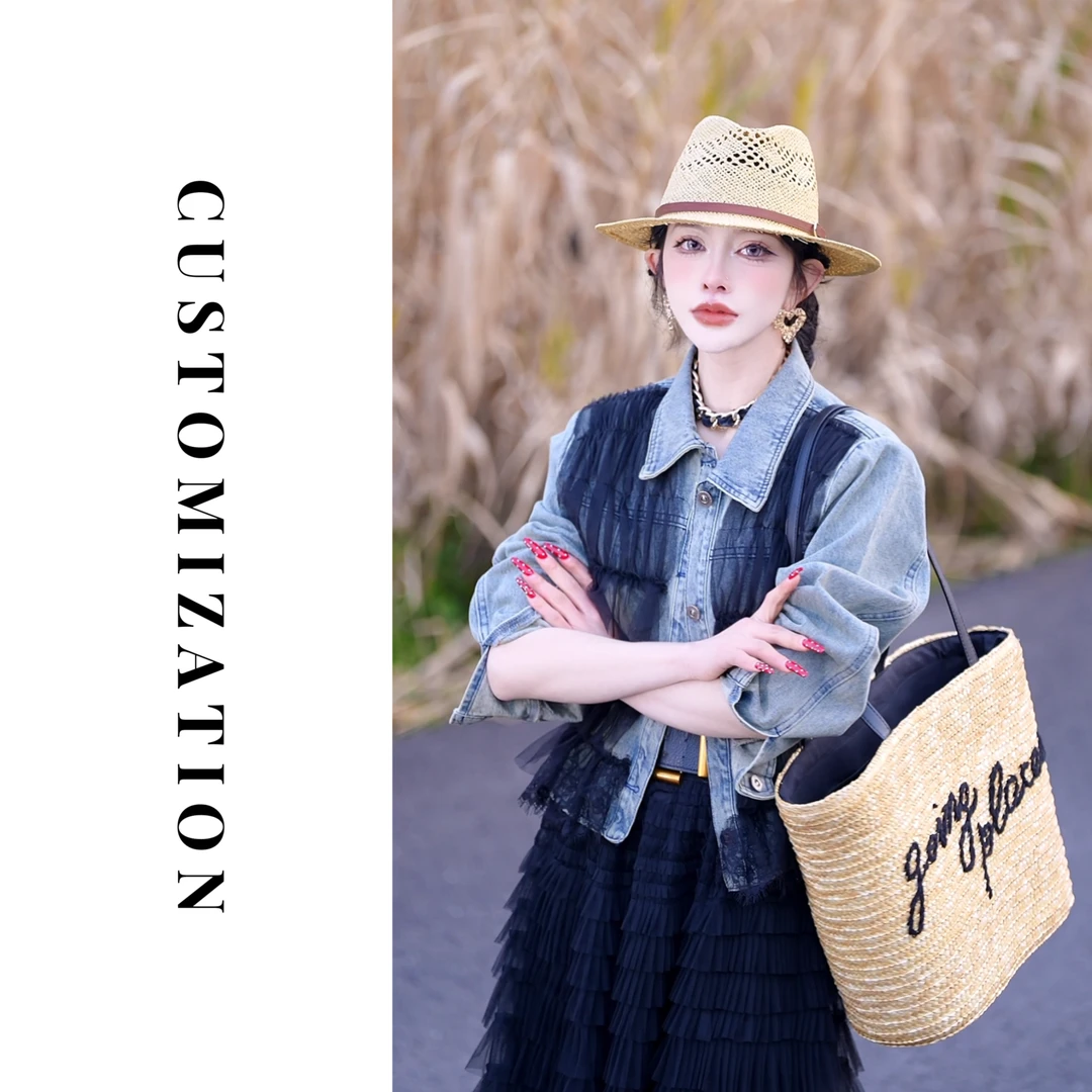 2025年春款牛仔拼接黑色细纱女款外套小香风针织短款时尚复古春季