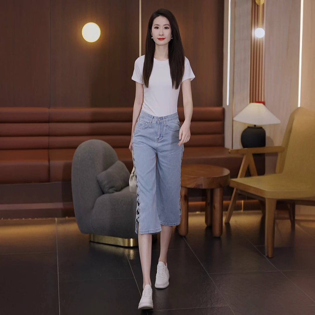 天青色2025年夏洋气潮款设计感镂空高腰七分牛仔裤薄款宽松直筒裤