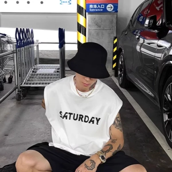 100%纯棉男士纯棉无袖T恤宽松美式印花背心夏季港风圆领坎肩t恤