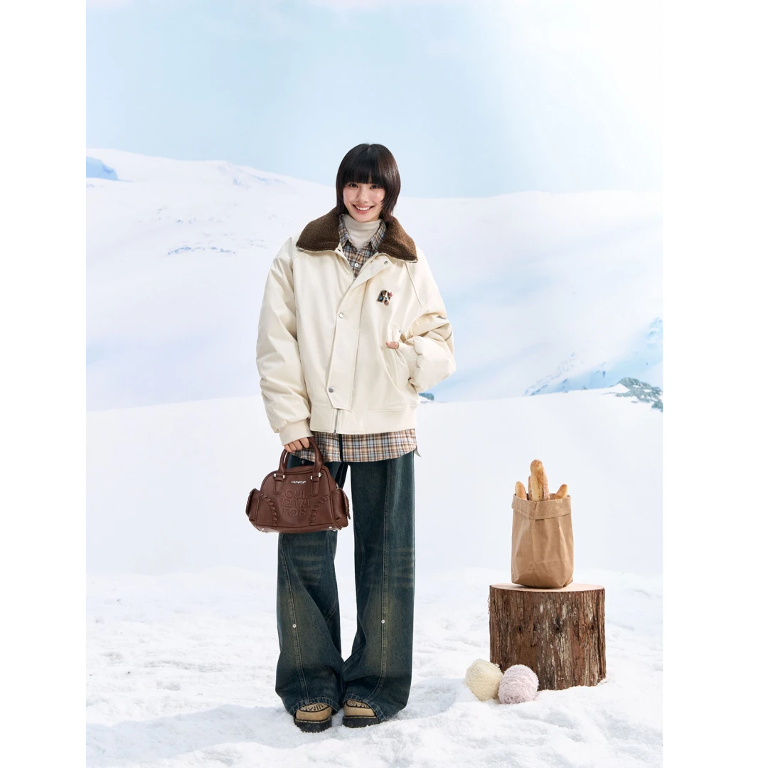 F426国潮冬季新款仿羊羔毛拼接豹纹字母派克羽绒服棉服7808 0235