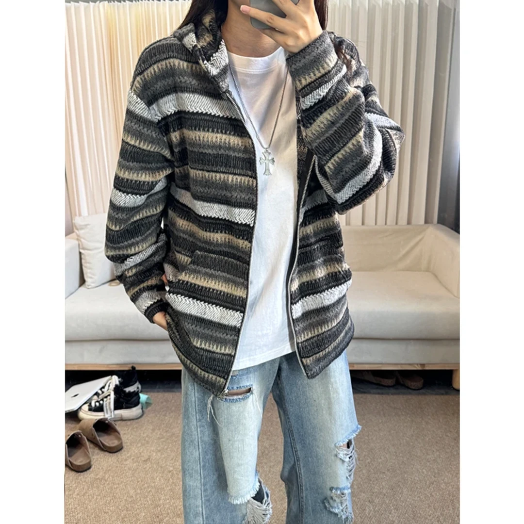 日系慵懒条纹秋季新款卫衣男美式复古毛呢宽松系休闲帽衫外套