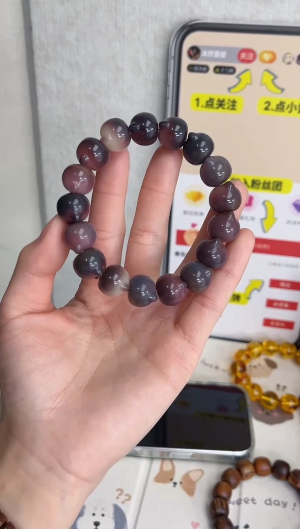 菩提根/象牙果手串e03紫美人玉化猫猫头14mm手串