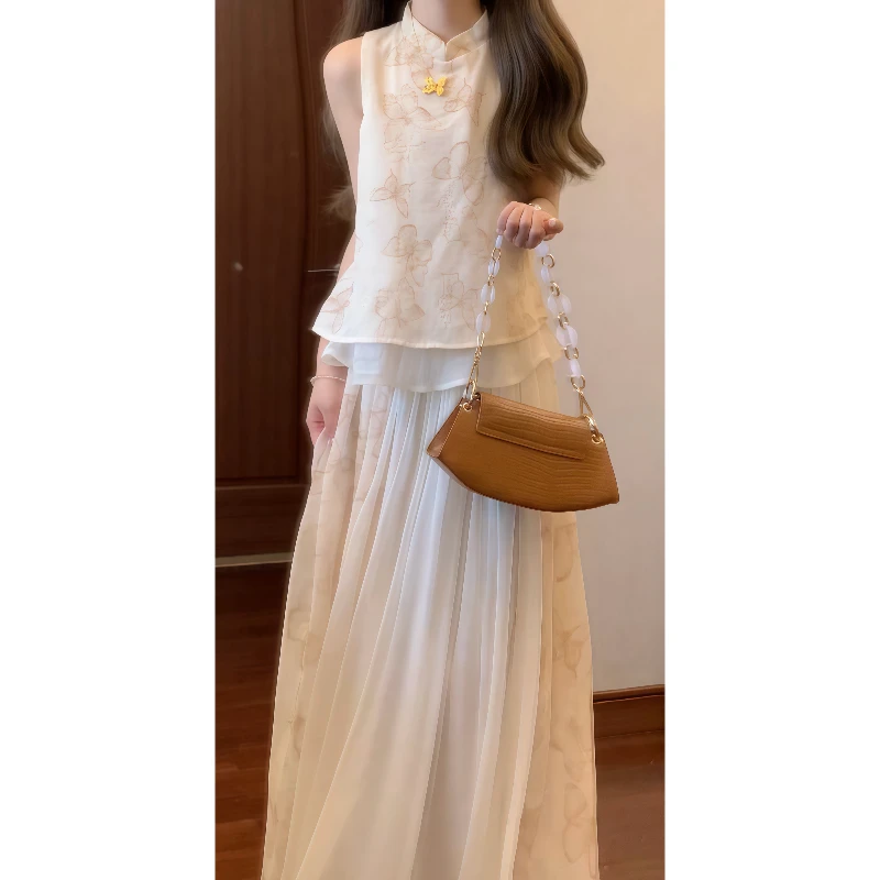 新中式国风温柔蝴蝶印花衬衫&网纱拼接半身裙两件套装裙9681