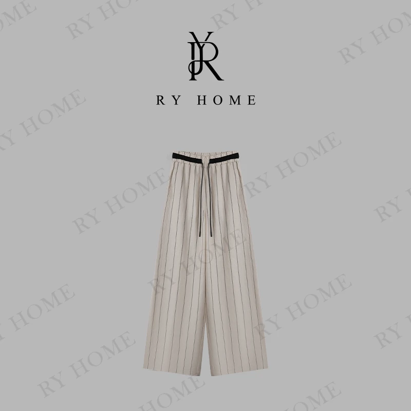 【容雨RYHOME】精纺亚麻＋森系百搭色织条纹松紧腰长裤252K2483