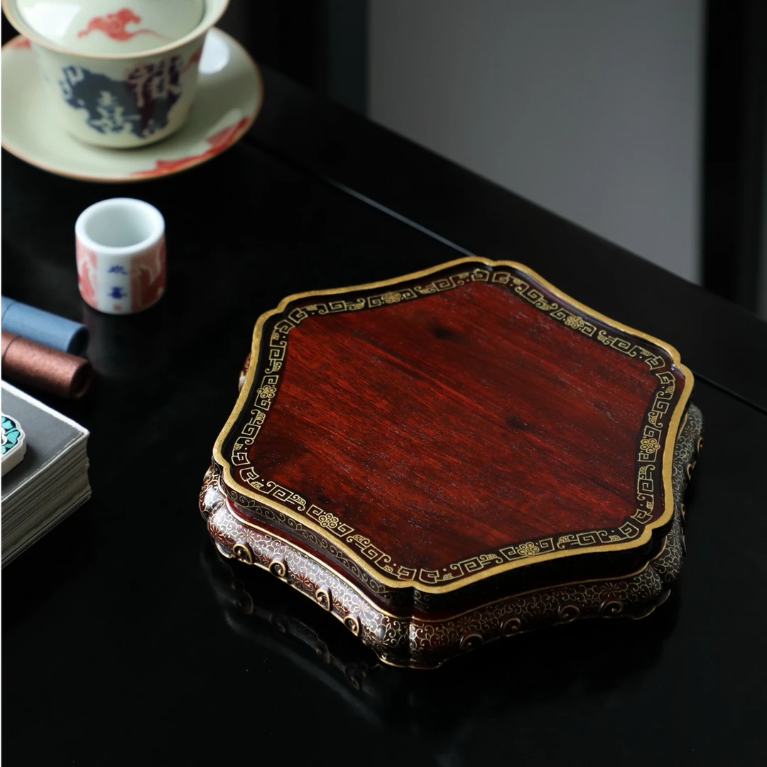 印度小叶紫檀葵型壶托｜描金底座