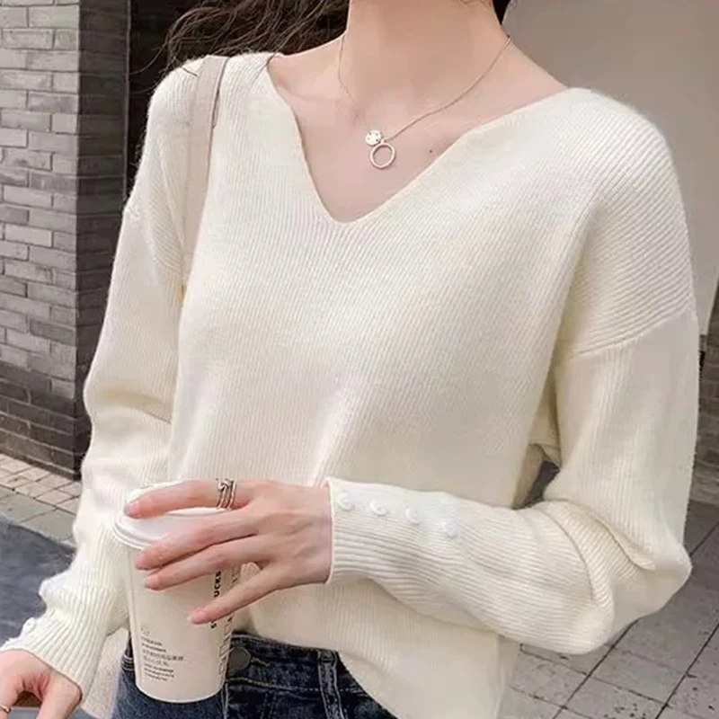 韩版女宽松V领羊毛衫爆款时尚长袖针织衫 100%纯羊毛女百搭打底衫