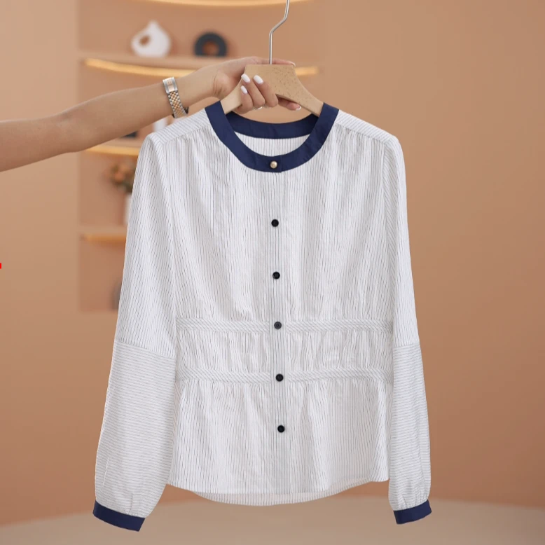 【荣荣】条纹衬衫女通勤叠穿长袖衬衣休闲圆领上衣Y12190-GB