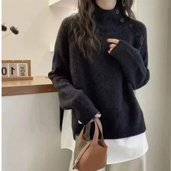 2024冬季洋气时尚立领拼接假两件网红针织百搭宽松半高领加厚圆领
