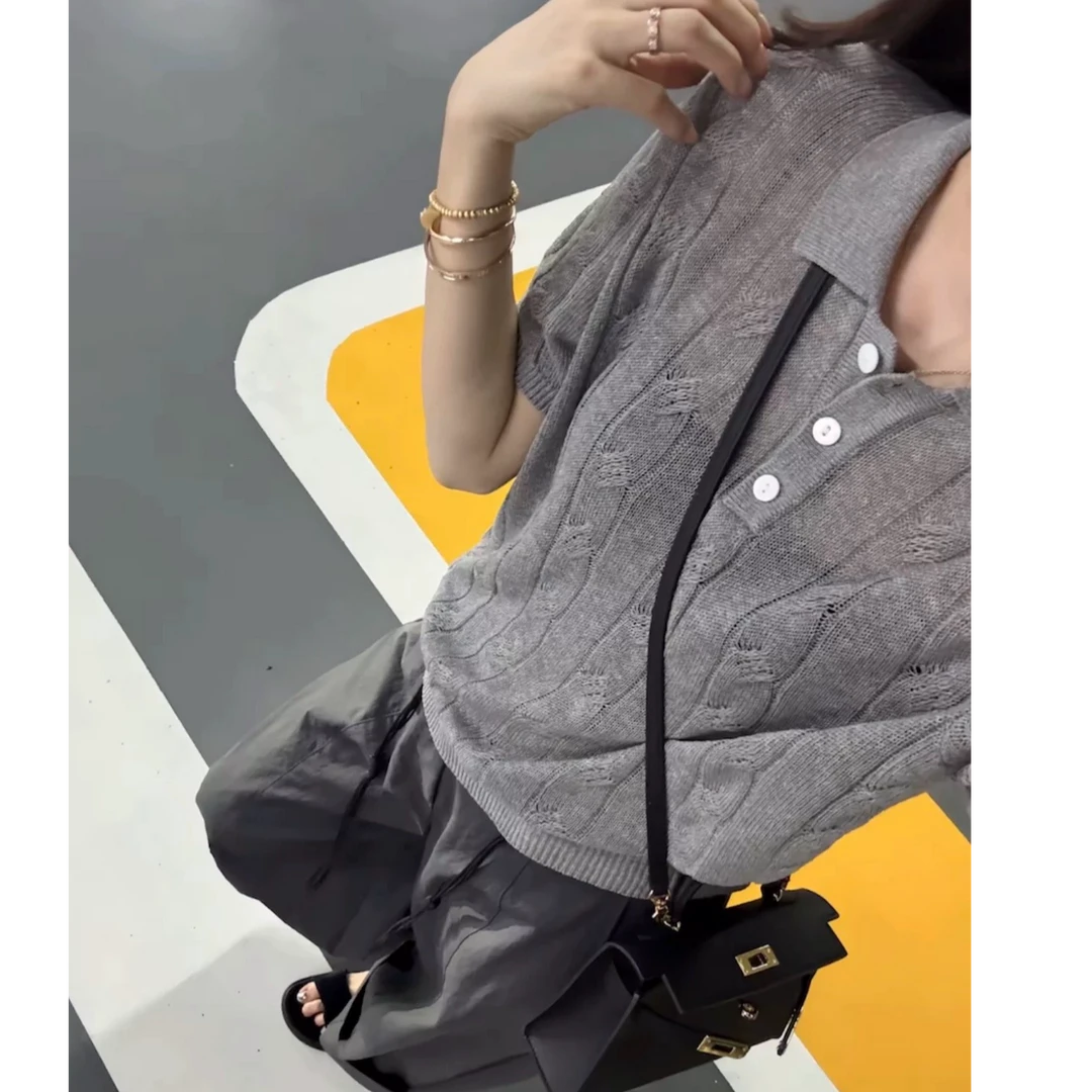 LB【有运费补贴】白扣子夏季设计感天爽亚麻宽松冰感短袖上衣