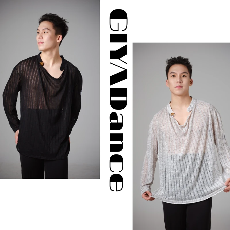 GIYA「云影」新款男士荡领纽扣长袖拉丁国标舞练功服表演服上衣秋冬