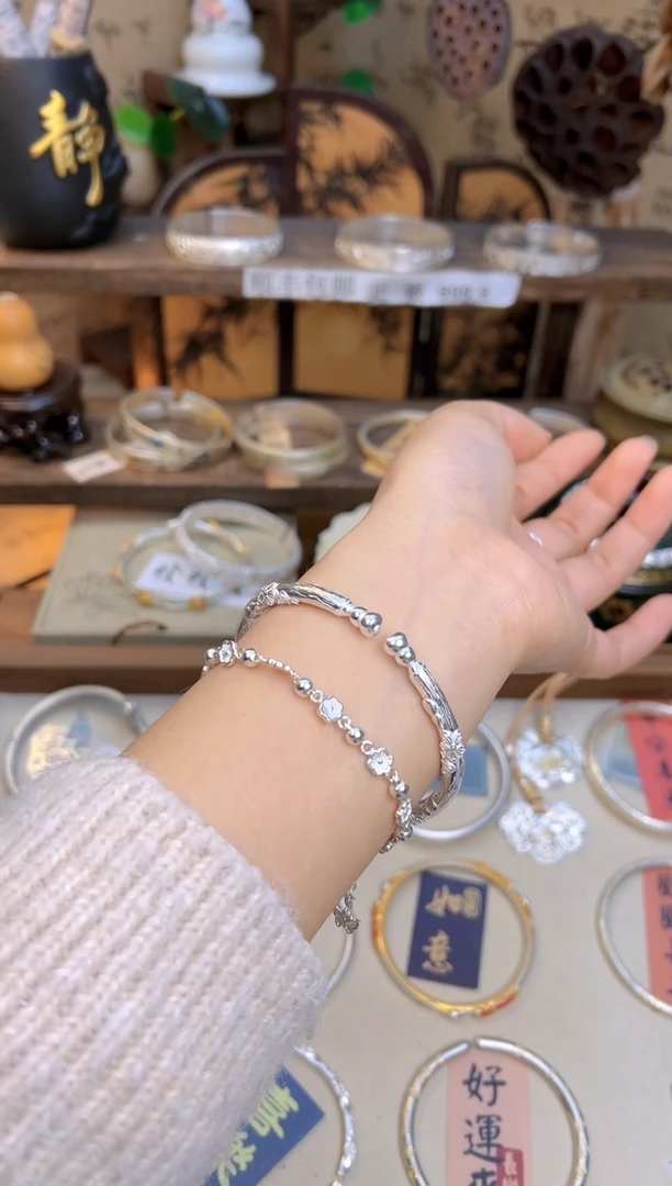 珐琅足银足银999.9纯手工錾刻樱花葫芦头对口手镯