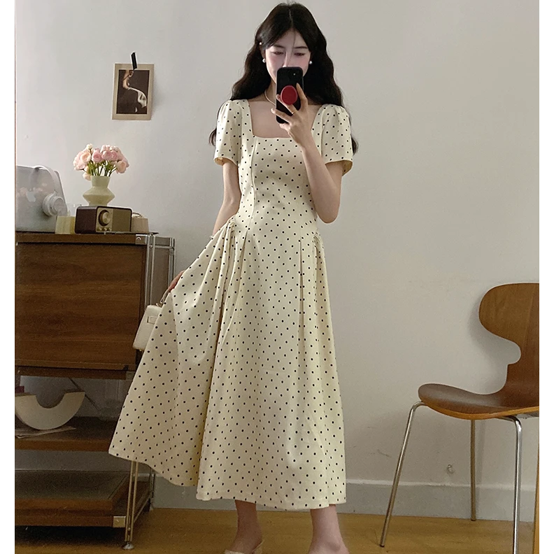 印花波点不褪色夏季大码连衣裙法式短袖四季通用高腰拉链