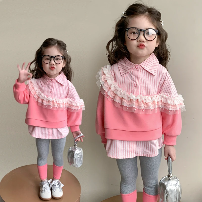 女童花边衬衫套装2025新款儿童春秋装洋气时髦女宝宝打底裤两件套