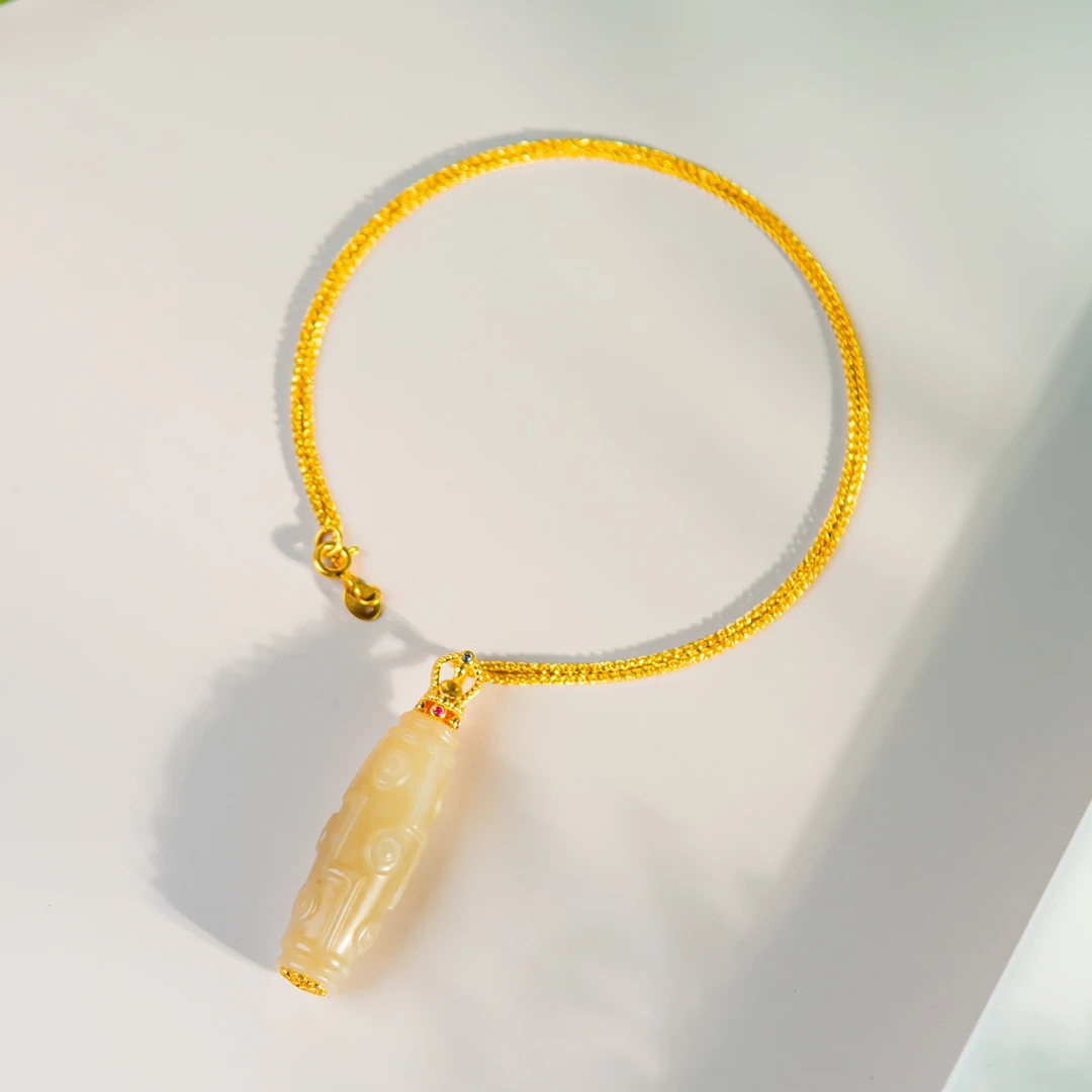 【18k·金】思怡 和田玉糖白糖玉九眼挂脖项链毛衣链锁骨链