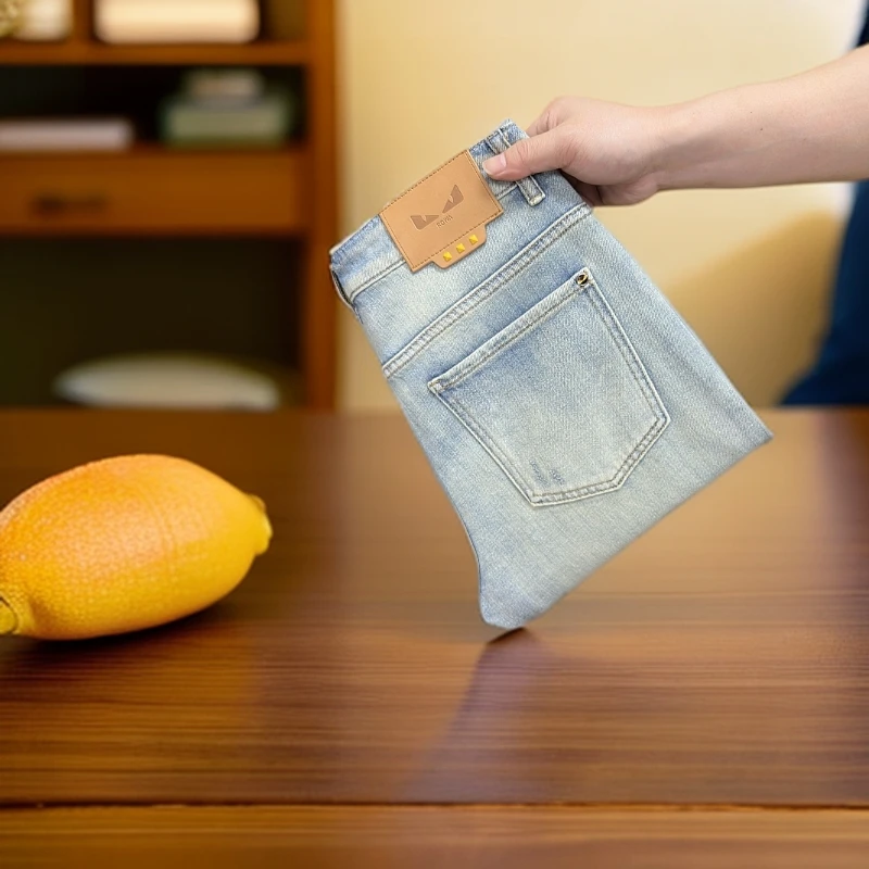 【BZ奢品】春季新款复古蓝破洞款男士牛仔裤弹力修身小直筒