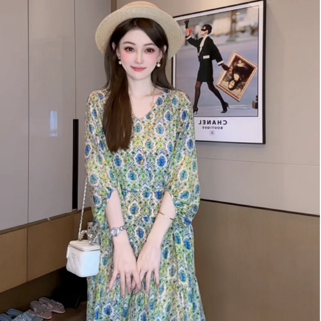 【丝芙玉禄】(S256) 100%真丝双绉创意复古印花宽松女装连衣裙