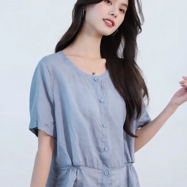 2025夏季遮肚子显瘦衬衫圆领小众宽松百搭扣子小衫时尚休闲上衣潮