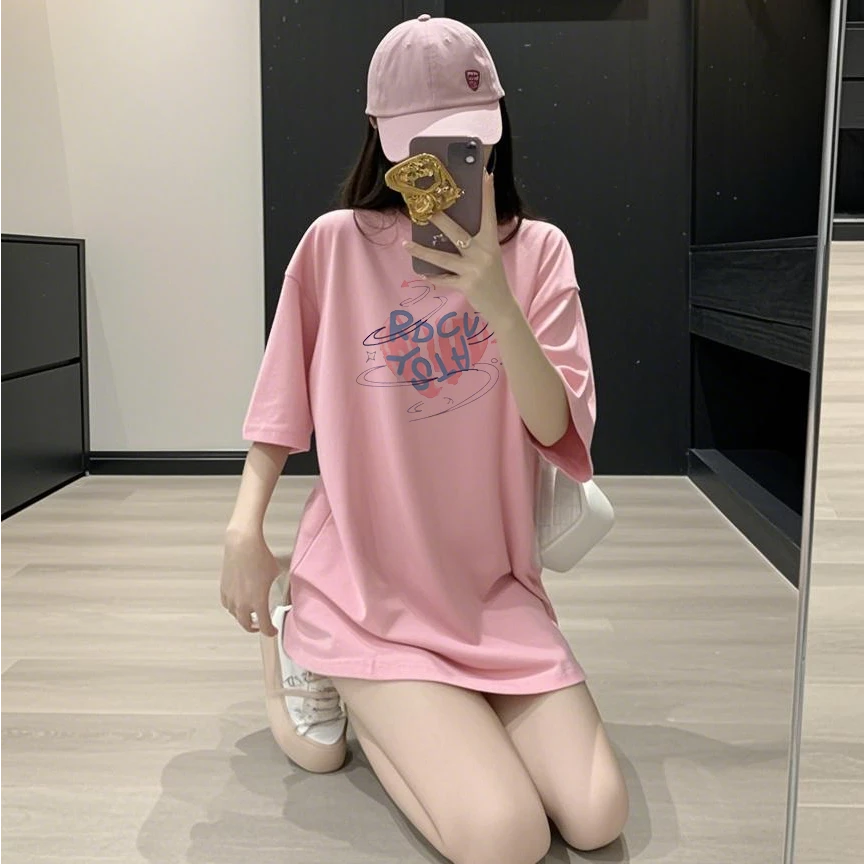 2025年夏季新款印花圆领短袖T恤女洋气百搭修身显瘦小个子t恤上衣