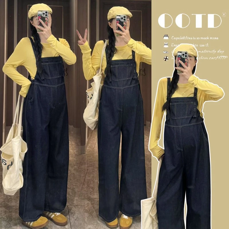 早秋款孕妇休闲背带裤慵懒风丹宁风做旧高腰牛仔裤复古宽松两件套