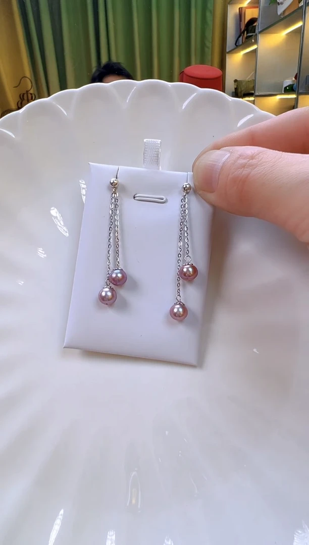 银S925镶嵌淡水珍珠耳饰紫色珍珠耳饰   珍珠