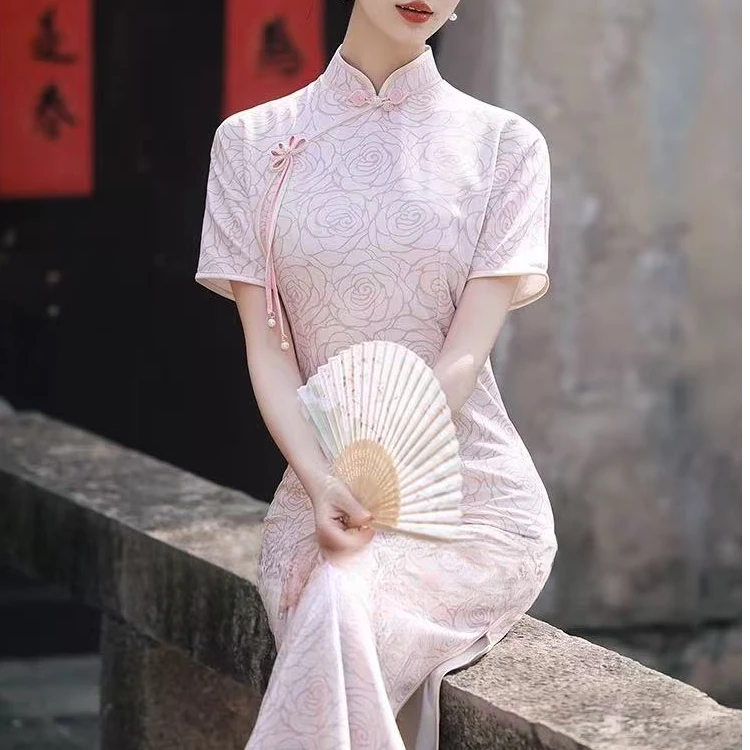 0560 浅粉色 线条玫瑰 【流苏绳】 旗袍