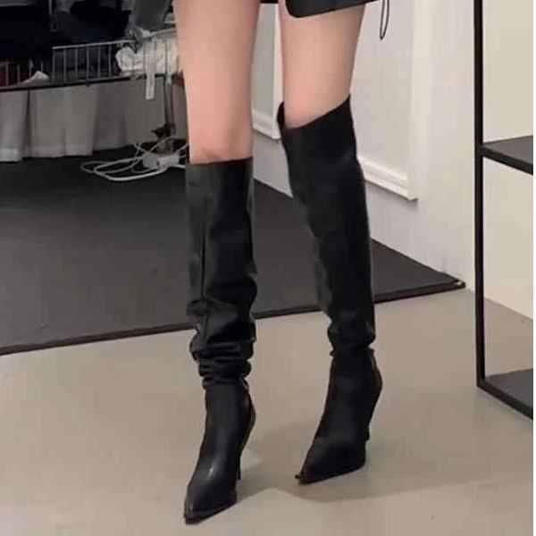 MK-126-31高跟尖头堆堆长筒靴女细跟2025过膝高筒骑士靴大筒长靴