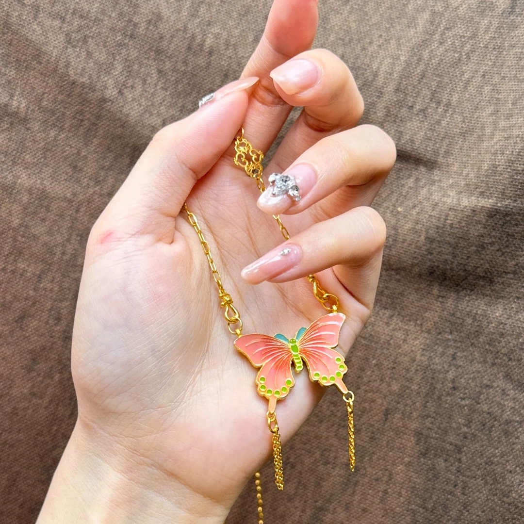 86 春迎凤蝶珐琅彩足金999精致公主范可爱轻奢高级礼物吊坠项链