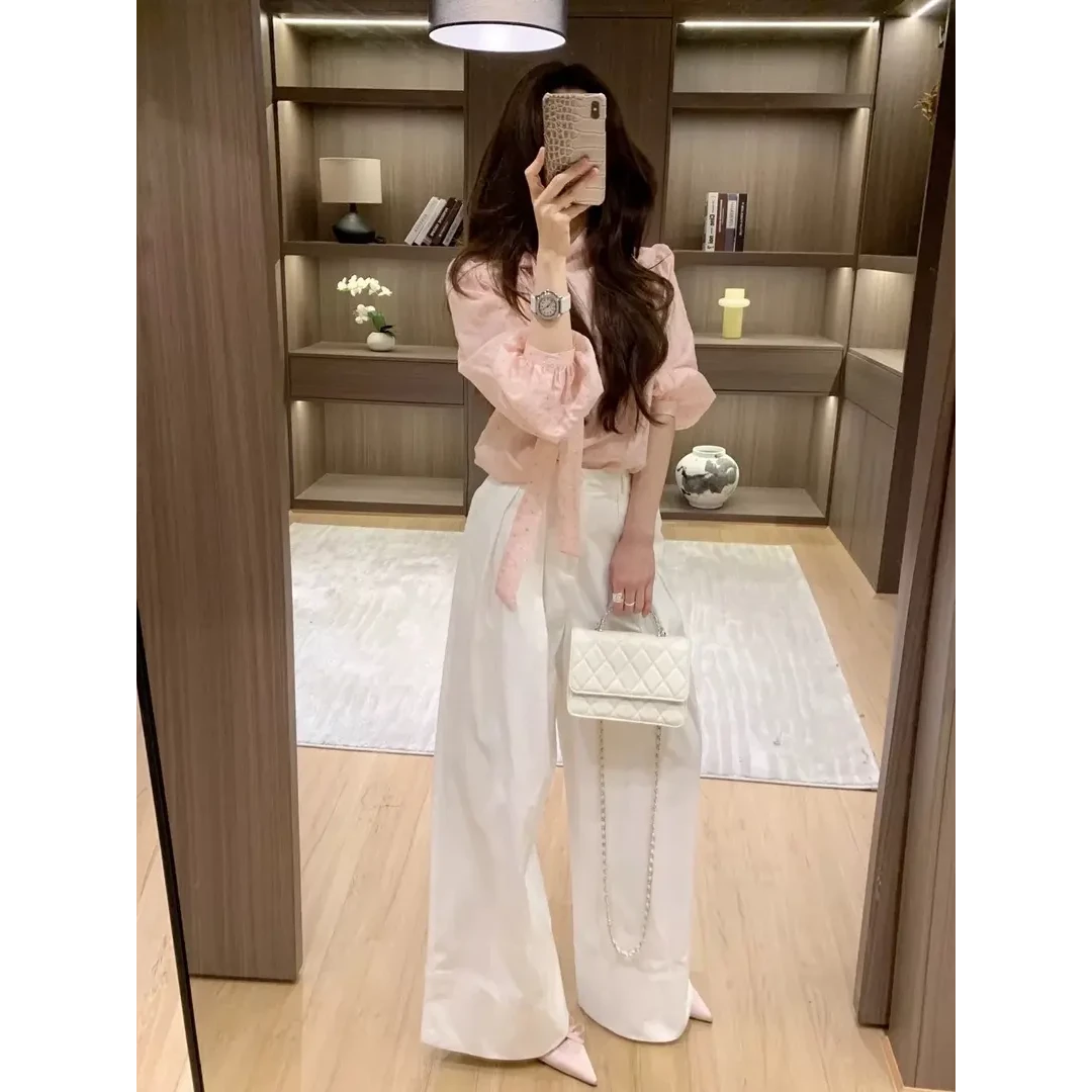 4363+4201春季洋气甜美减龄泡泡袖上衣百搭阔腿裤粉色两件套