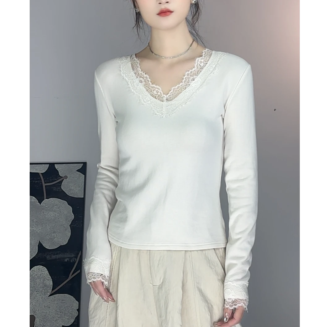 蕾丝花边V领T恤女2025秋冬季新款内搭长袖t恤纯欲打底衫修身上衣