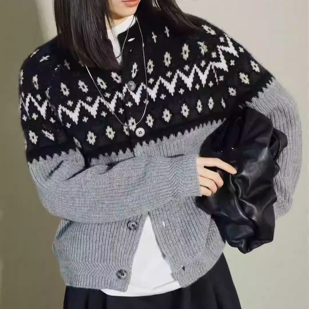 100%山羊绒衫开衫外套秋冬新款复古提花圆领针织衫女宽松毛衣上衣