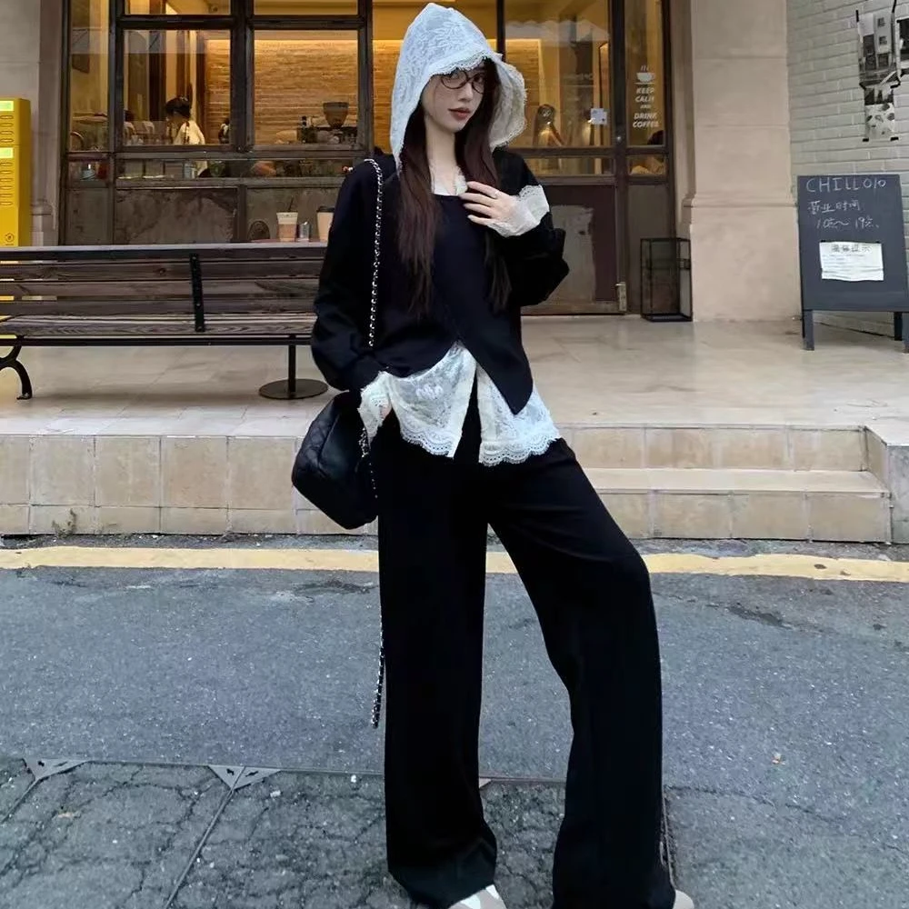 秋季连帽蕾丝背心宽松显瘦上衣高腰休闲裤套装