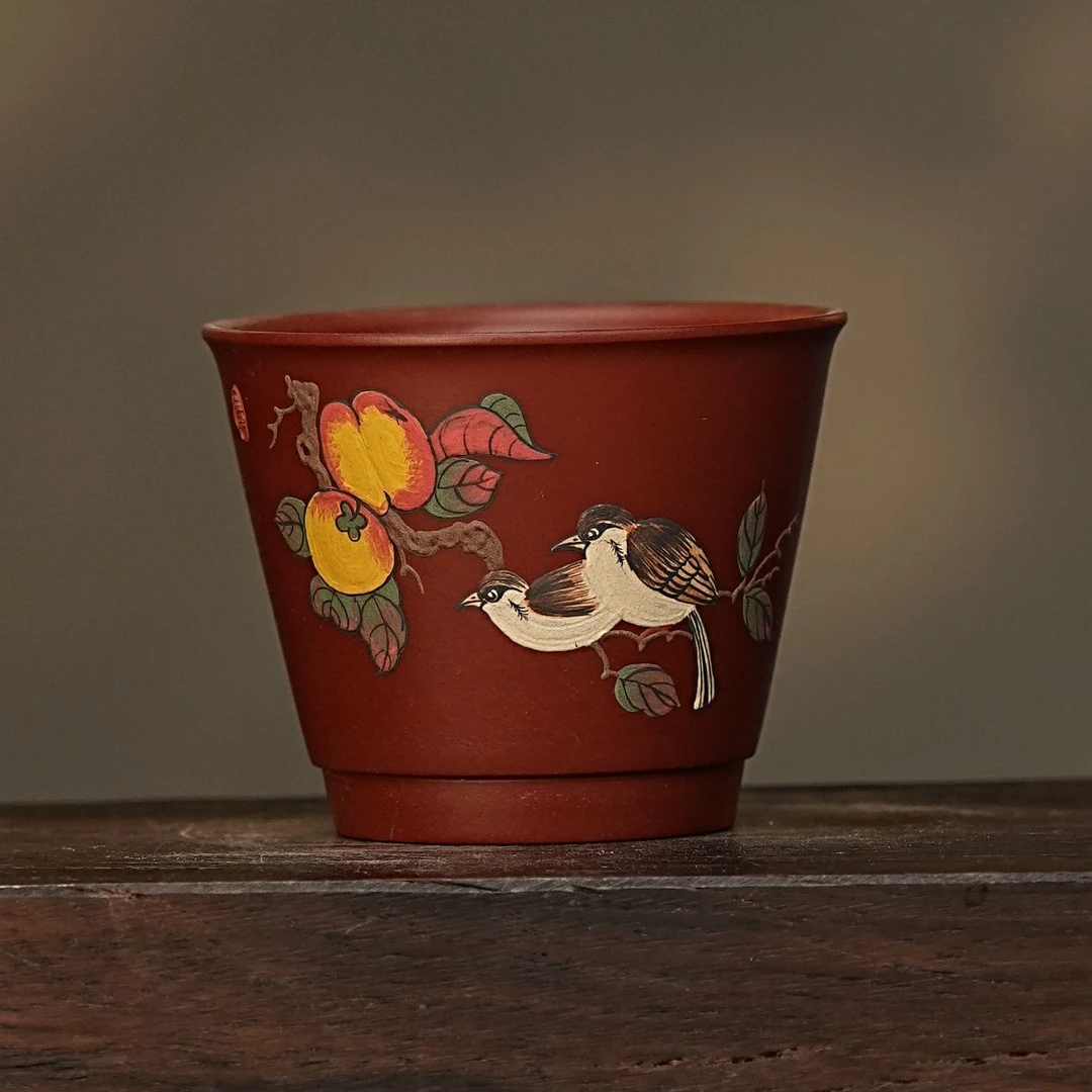 【5510喜上枝头杯】宜兴原矿大红袍手工堆绘喜上枝头柿子主人杯