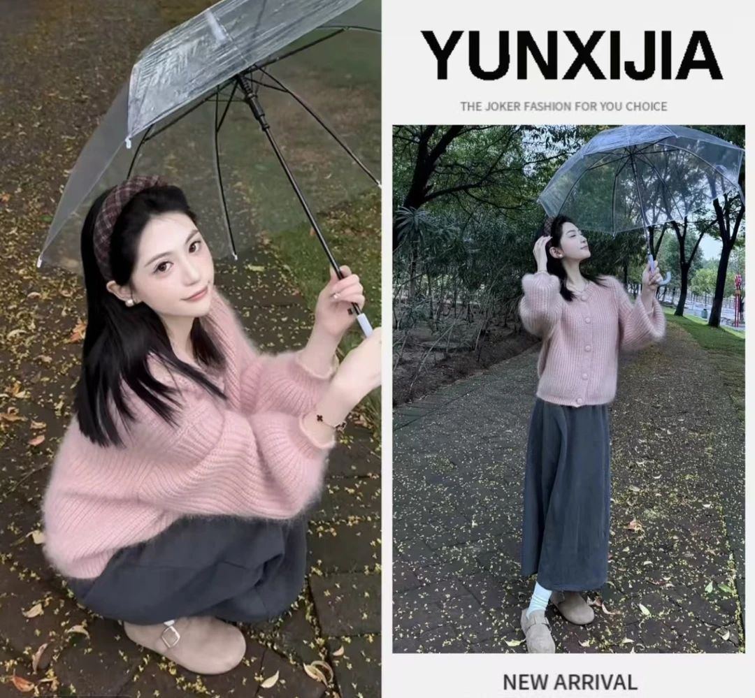 浣熊绒加厚短款毛衣外套女韩版纯色简约百搭秋冬软糯针织开衫上衣