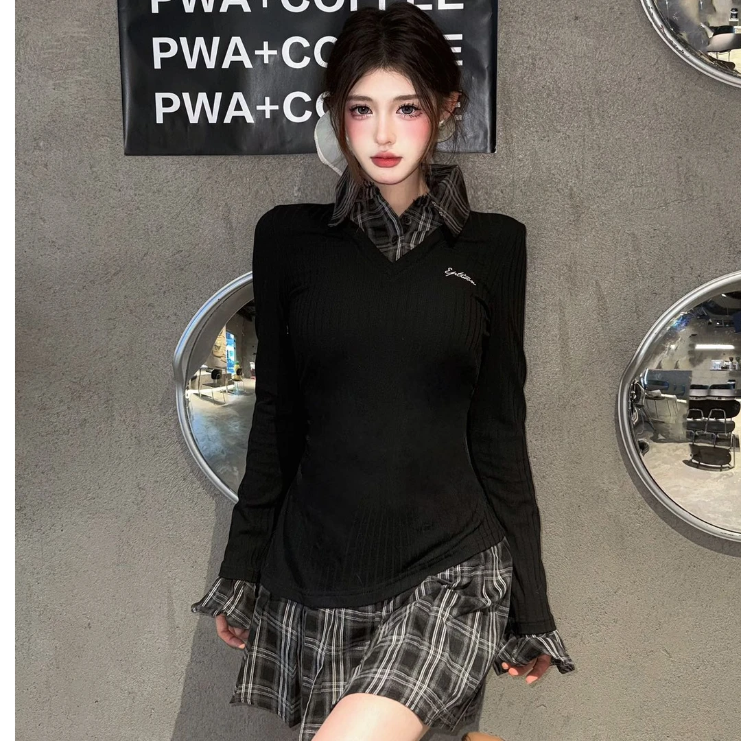 格纹拼接假两件连衣裙女春秋美式学院风甜辣妹polo领衬衫裙修身潮