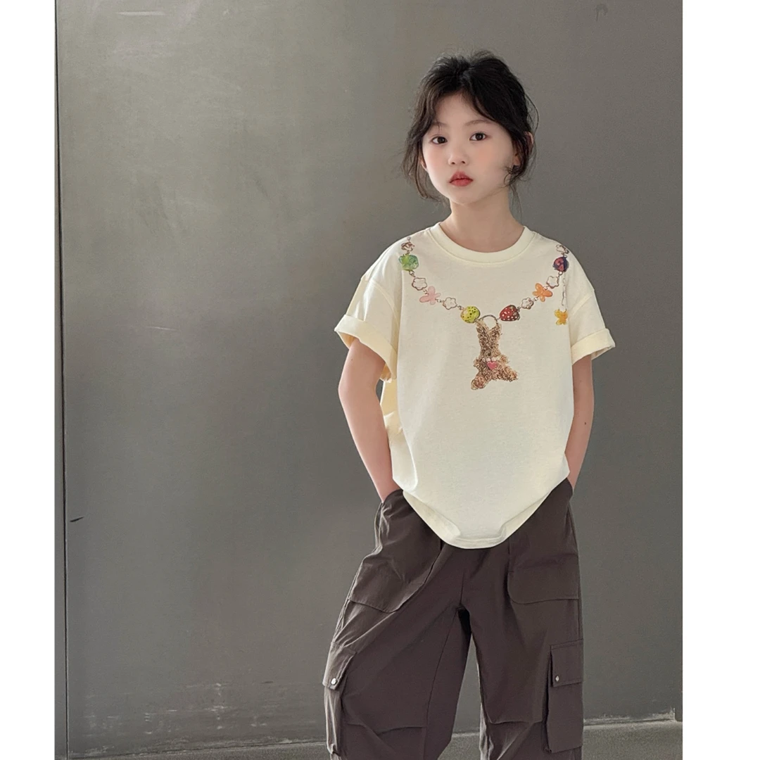 【haobaby】2025春夏款小熊项链印花T恤3077