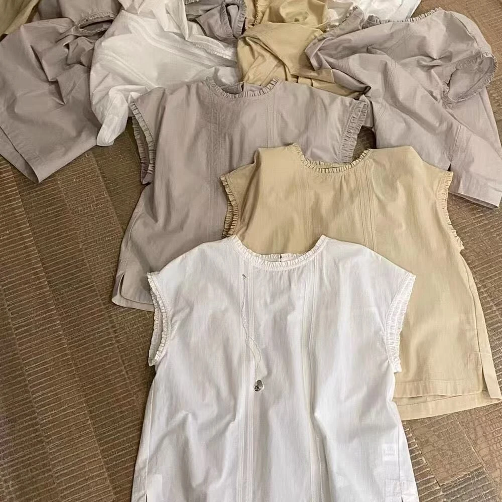 纯棉韩版短袖复古衬衣衬衫女装夏季薄款百搭休闲无袖文艺时尚小衫