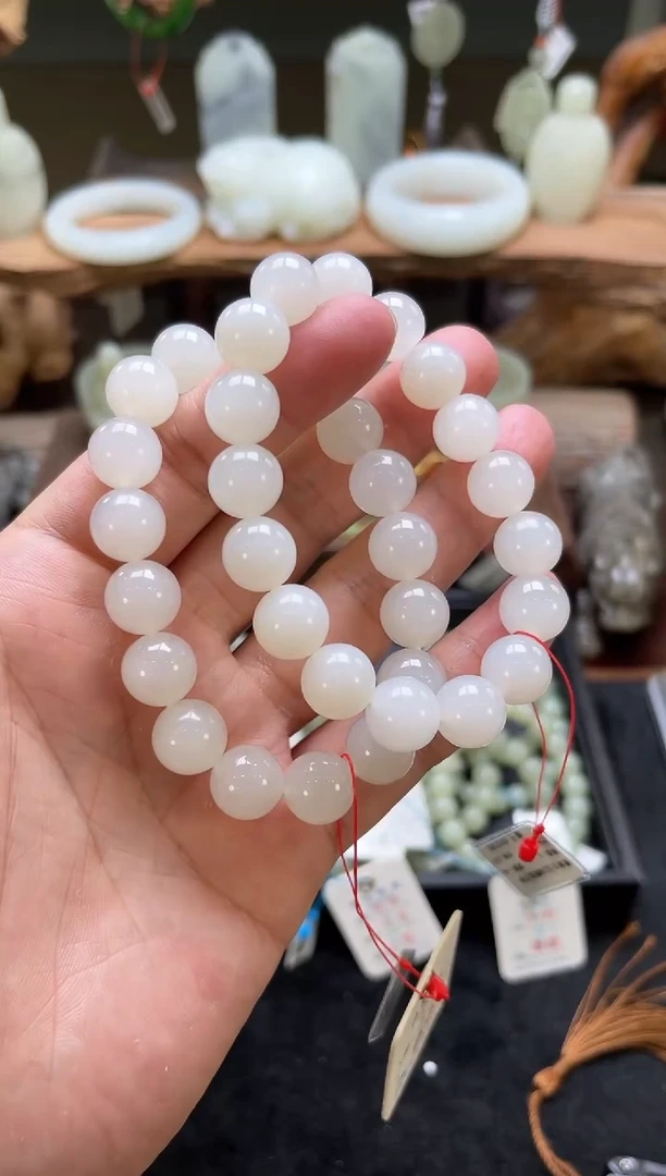【闪购商品】和田玉手串未镶嵌卡12青海白玉 圆珠 多样性发一