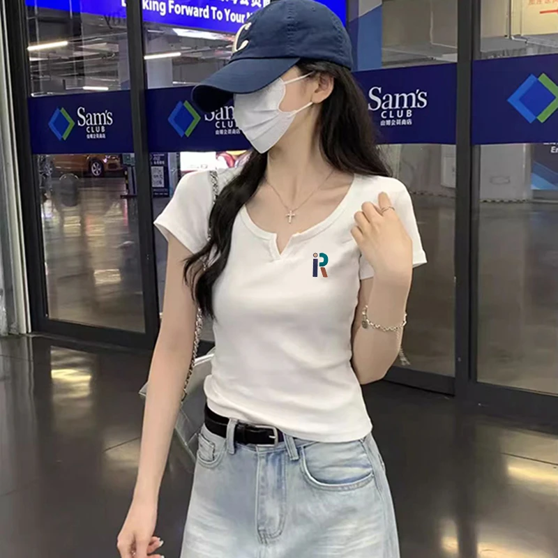 韩系时尚2025春季显瘦通勤气质修身百搭白色V领短袖上衣T恤女
