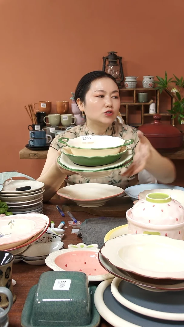 陶瓷B333陶瓷绿色双耳加绿碗加草帽碗4件套微瑕