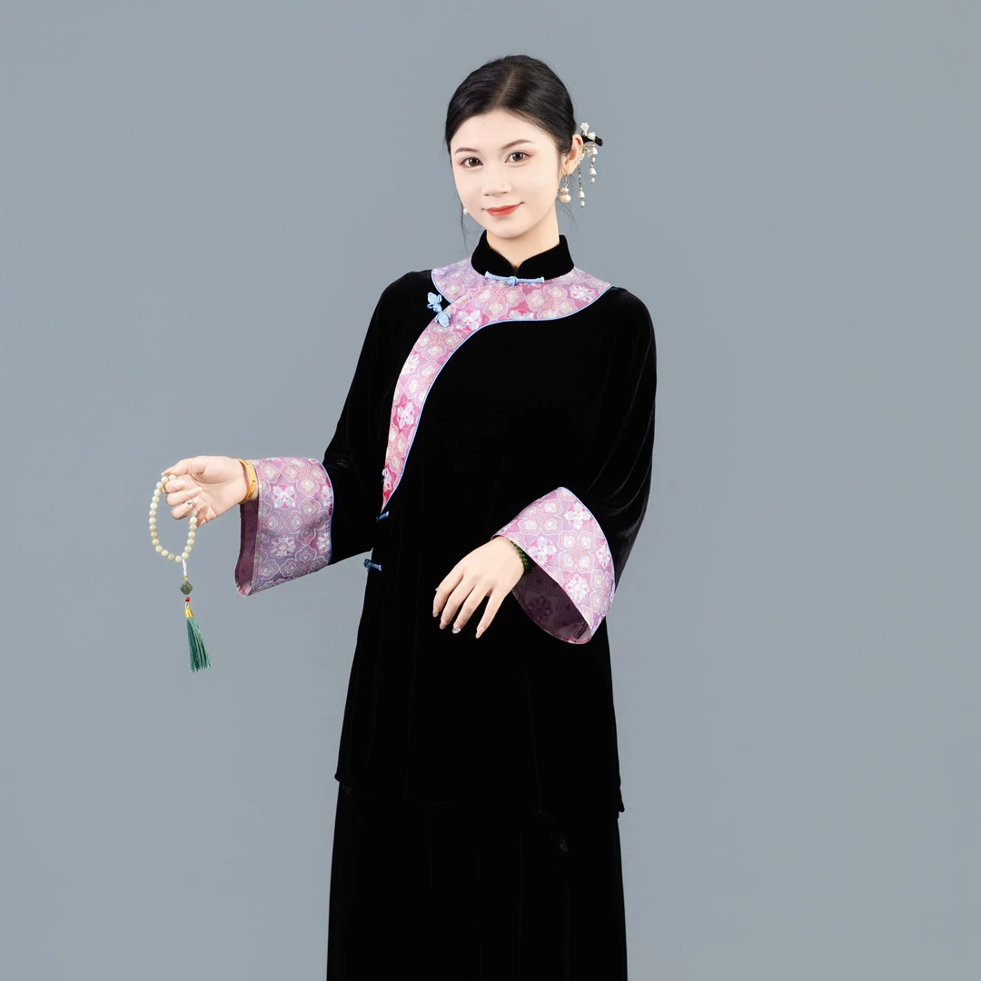 华族经典【250854L】桑蚕丝真丝丝绒拼接蜀锦黑色新中式太太服女