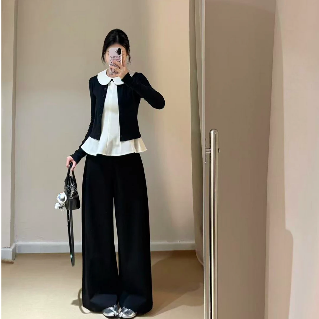 黑色针织开衫外套女春秋季2025新款爆款韩系穿搭背心上衣两件套装