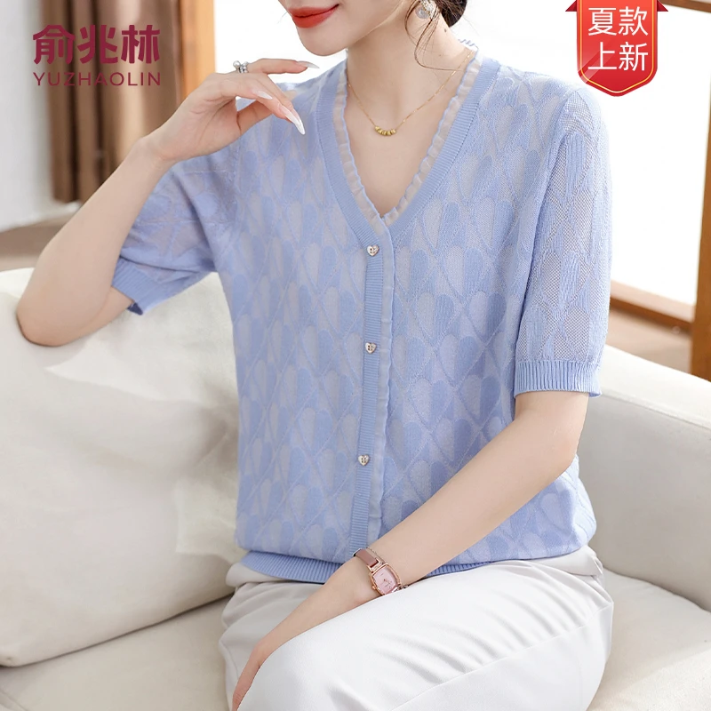 俞兆林25年新款洋气大码女装短袖针织薄款夏季气质中老年妈妈装